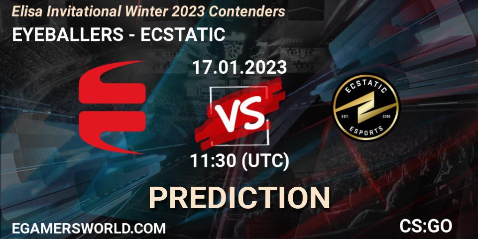 Pronósticos EYEBALLERS - ECSTATIC. 17.01.2023 at 11:30. Elisa Invitational Winter 2023 Contenders - Counter-Strike (CS2)