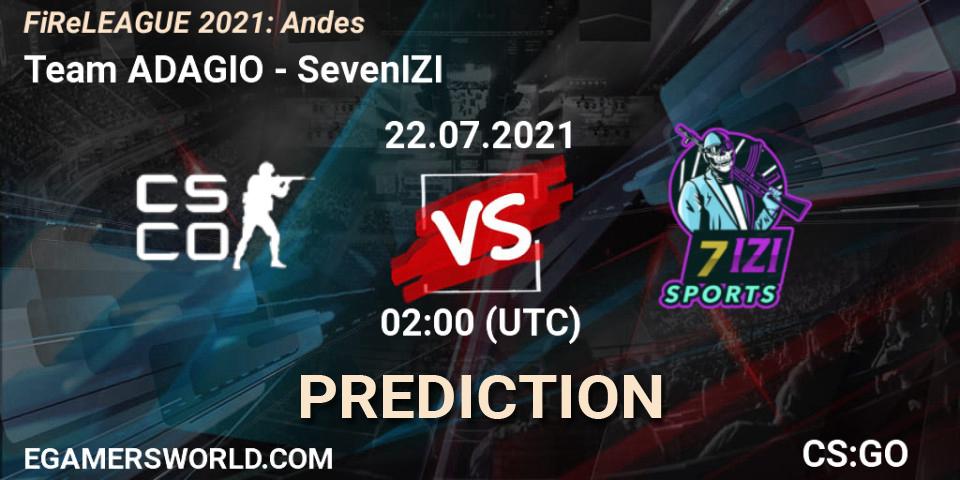 Pronósticos Team ADAGIO - SevenIZI. 22.07.2021 at 03:00. FiReLEAGUE 2021: Andes - Counter-Strike (CS2)