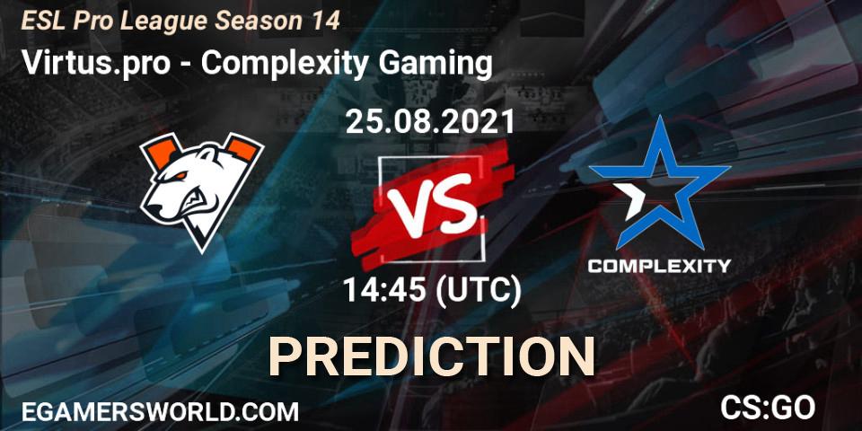 Pronósticos Virtus.pro - Complexity Gaming. 25.08.2021 at 16:05. ESL Pro League Season 14 - Counter-Strike (CS2)