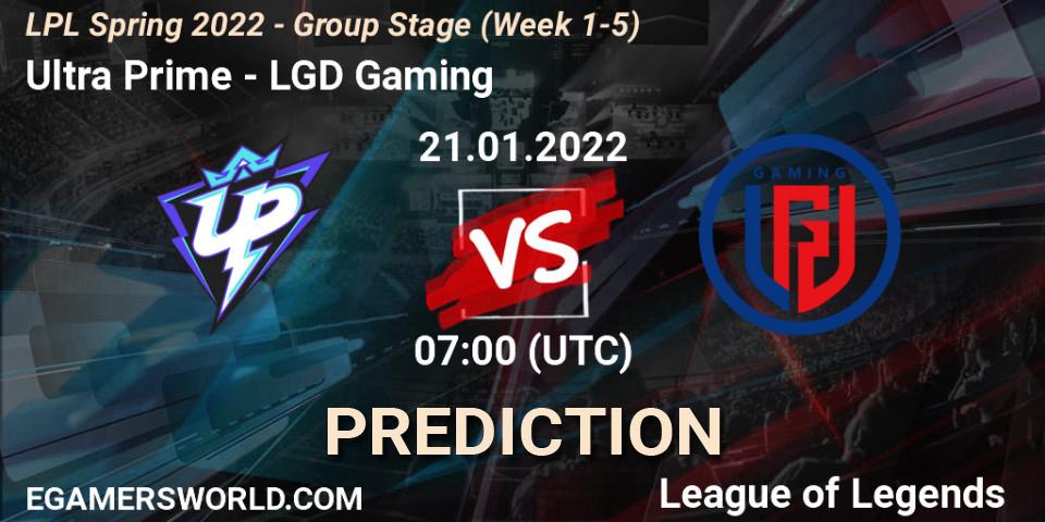 Pronósticos Ultra Prime - LGD Gaming. 21.01.2022 at 07:00. LPL Spring 2022 - Group Stage (Week 1-5) - LoL