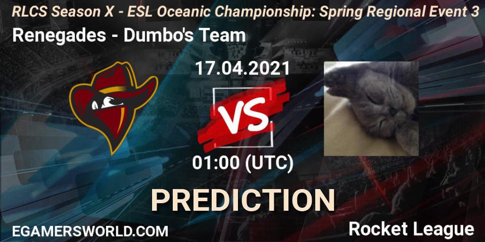 Pronósticos Renegades - Dumbo's Team. 17.04.2021 at 01:00. RLCS Season X - ESL Oceanic Championship: Spring Regional Event 3 - Rocket League