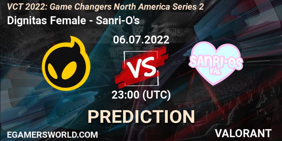 Pronósticos Dignitas Female - Sanri-O's. 06.07.2022 at 20:10. VCT 2022: Game Changers North America Series 2 - VALORANT