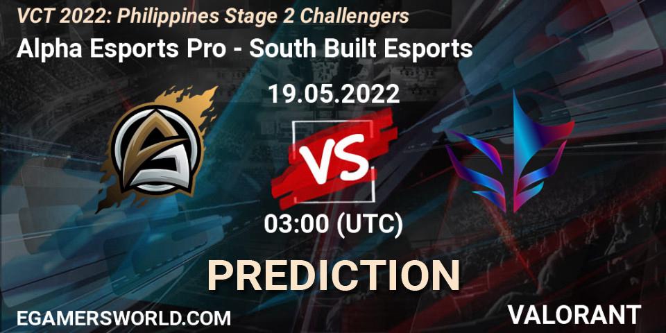 Pronósticos Alpha Esports Pro - South Built Esports. 19.05.2022 at 03:00. VCT 2022: Philippines Stage 2 Challengers - VALORANT