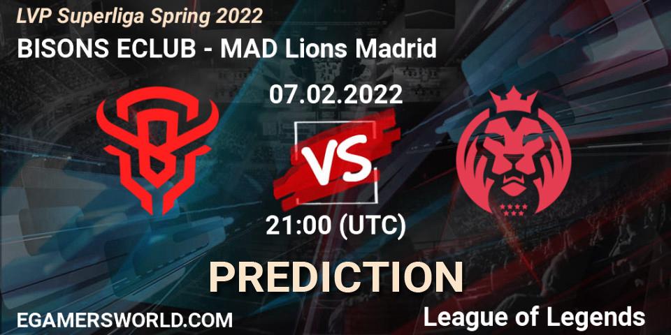 Pronósticos BISONS ECLUB - MAD Lions Madrid. 07.02.2022 at 18:00. LVP Superliga Spring 2022 - LoL