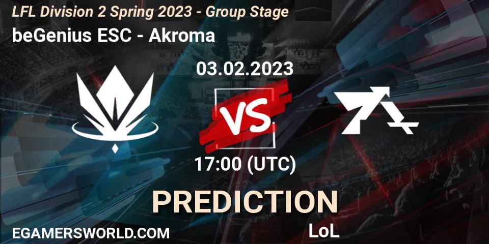 Pronósticos beGenius ESC - Akroma. 03.02.2023 at 17:00. LFL Division 2 Spring 2023 - Group Stage - LoL