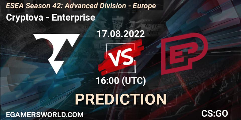 Pronósticos Cryptova - Enterprise. 17.08.2022 at 16:00. ESEA Season 42: Advanced Division - Europe - Counter-Strike (CS2)