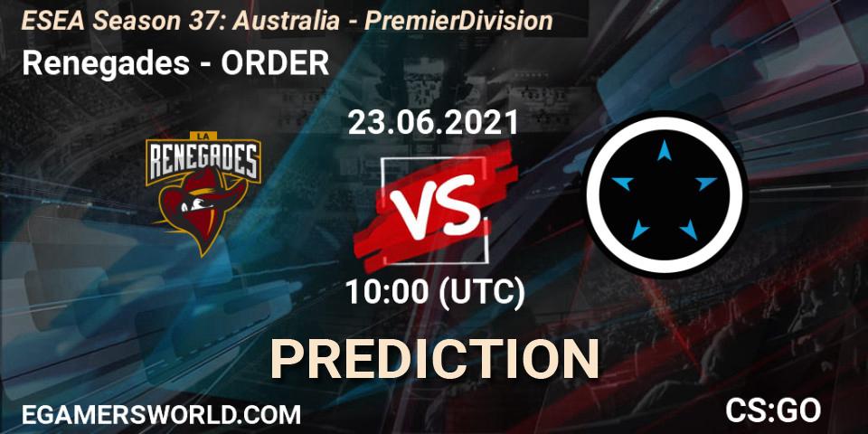 Pronósticos Renegades - ORDER. 23.06.2021 at 10:00. ESEA Season 37: Australia - Premier Division - Counter-Strike (CS2)