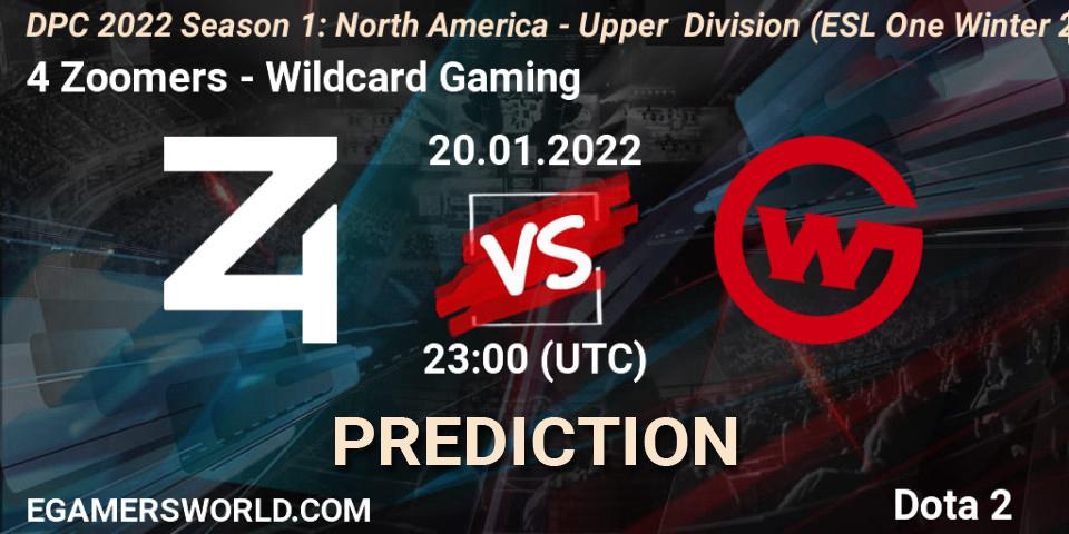 Pronósticos 4 Zoomers - Wildcard Gaming. 20.01.2022 at 22:55. DPC 2022 Season 1: North America - Upper Division (ESL One Winter 2021) - Dota 2