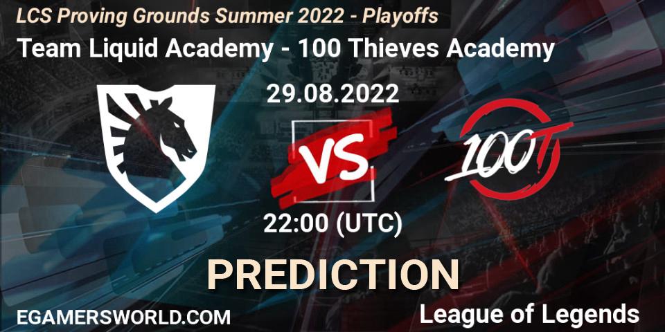 Pronósticos Team Liquid Academy - 100 Thieves Academy. 29.08.2022 at 22:00. LCS Proving Grounds Summer 2022 - Playoffs - LoL