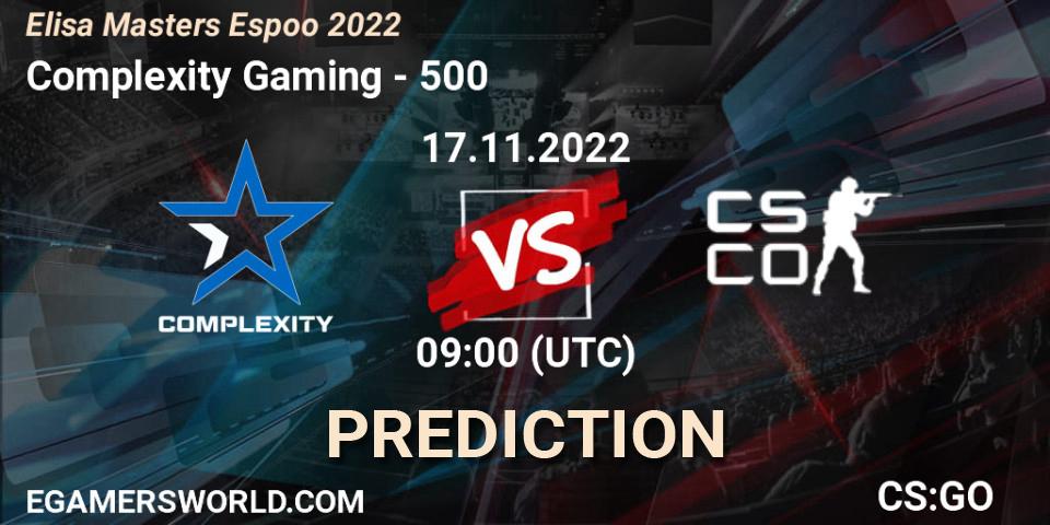 Pronósticos Complexity Gaming - 500. 17.11.2022 at 09:00. Elisa Masters Espoo 2022 - Counter-Strike (CS2)