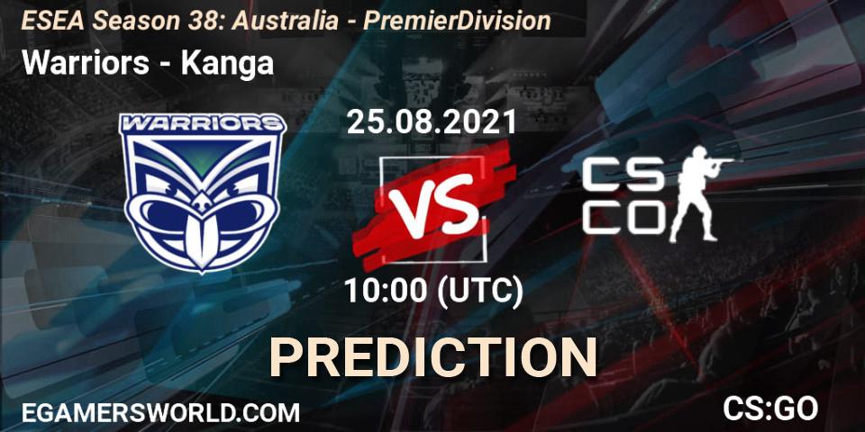 Pronósticos Warriors - Kanga. 25.08.2021 at 10:00. ESEA Season 38: Australia - Premier Division - Counter-Strike (CS2)