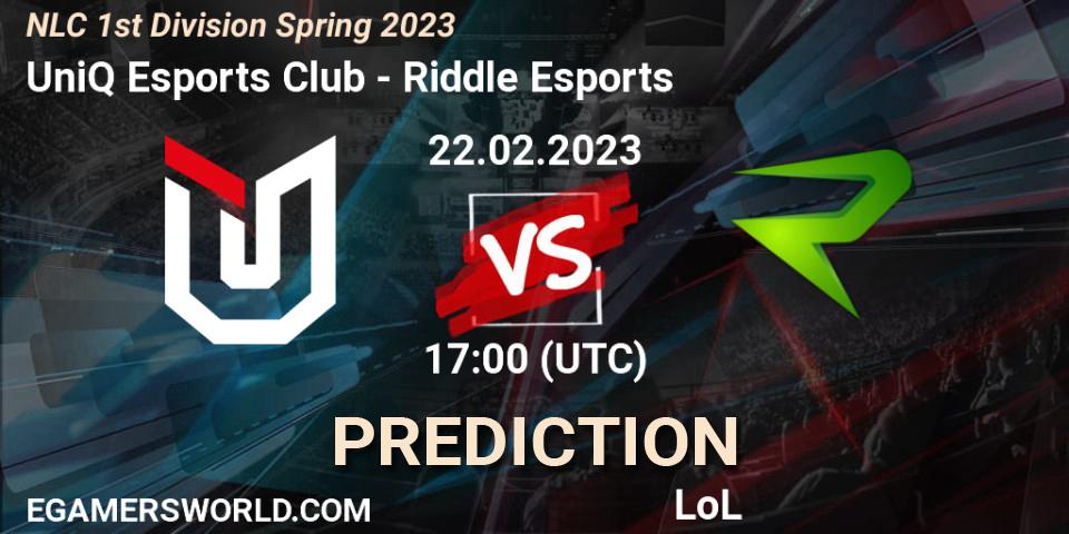 Pronósticos UniQ Esports Club - Riddle Esports. 22.02.2023 at 17:00. NLC 1st Division Spring 2023 - LoL
