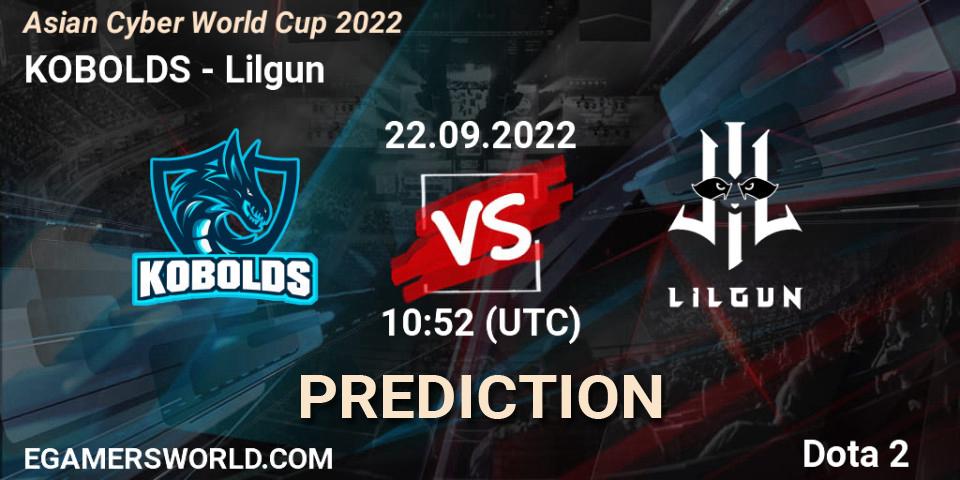 Pronósticos KOBOLDS - Lilgun. 22.09.2022 at 10:52. Asian Cyber World Cup 2022 - Dota 2