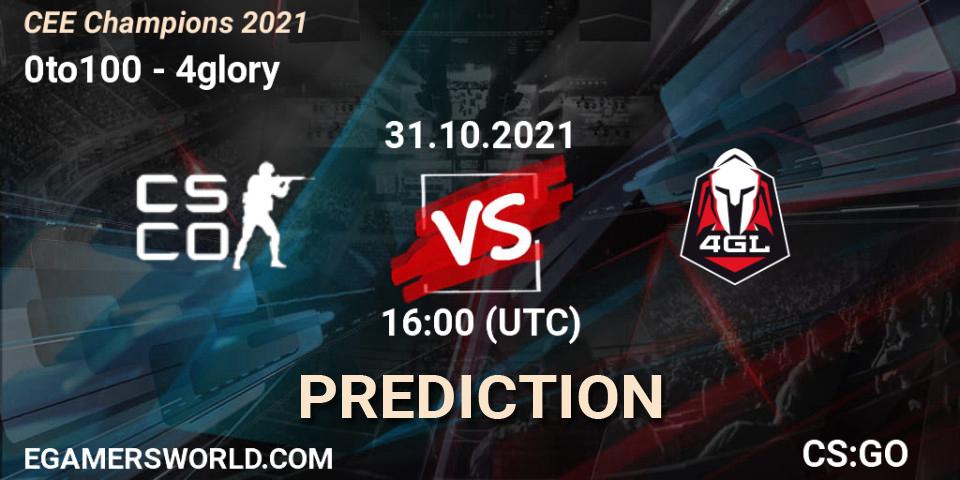 Pronósticos 0to100 - 4glory. 31.10.2021 at 16:00. CEE Champions 2021 - Counter-Strike (CS2)