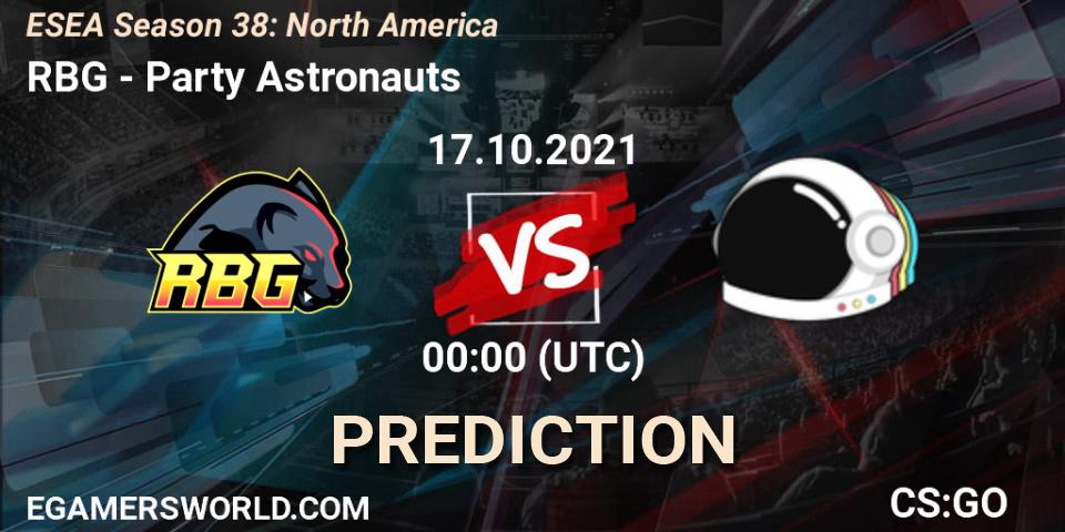 Pronósticos RBG - Party Astronauts. 17.10.2021 at 00:00. ESEA Season 38: North America - Counter-Strike (CS2)