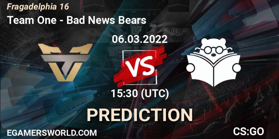Pronósticos Team One - Bad News Bears. 06.03.2022 at 15:55. Fragadelphia 16 - Counter-Strike (CS2)