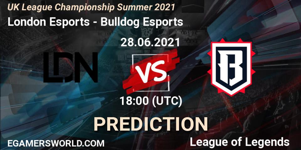 Pronósticos London Esports - Bulldog Esports. 28.06.2021 at 18:00. UK League Championship Summer 2021 - LoL