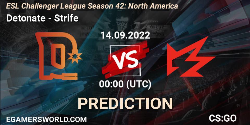 Pronósticos Detonate - Strife. 14.09.2022 at 00:00. ESL Challenger League Season 42: North America - Counter-Strike (CS2)