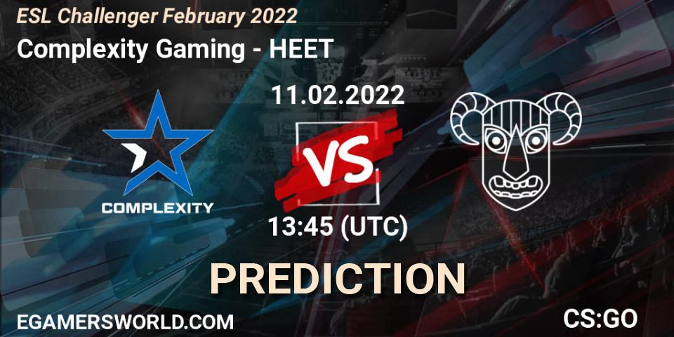 Pronósticos Complexity Gaming - HEET. 11.02.2022 at 14:00. ESL Challenger February 2022 - Counter-Strike (CS2)
