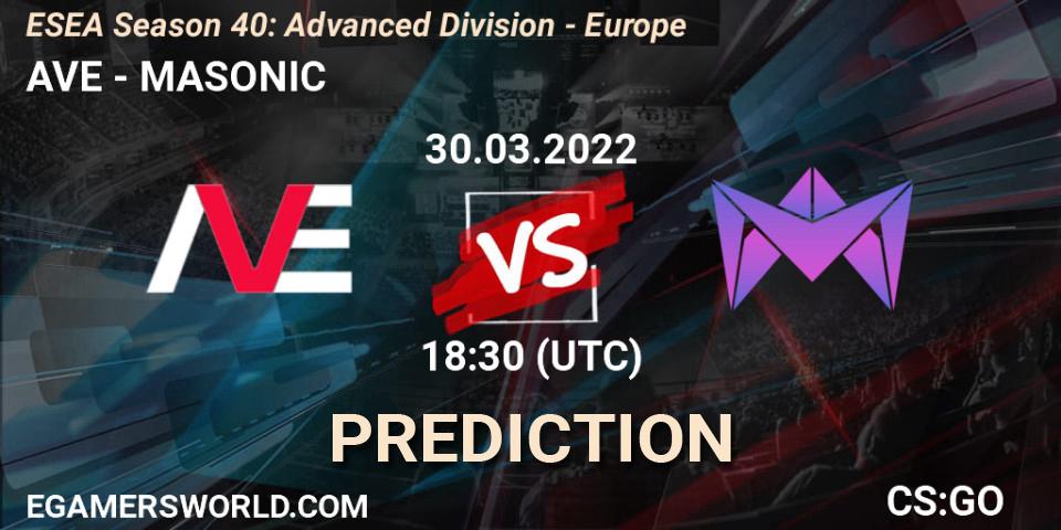 Pronósticos AVE - MASONIC. 30.03.2022 at 17:00. ESEA Season 40: Advanced Division - Europe - Counter-Strike (CS2)
