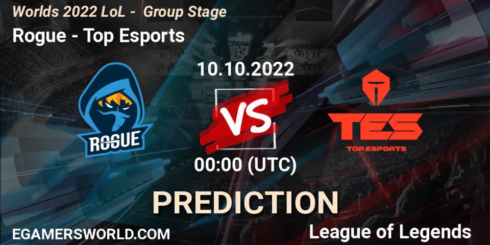 Pronósticos Rogue - Top Esports. 10.10.2022 at 22:00. Worlds 2022 LoL - Group Stage - LoL