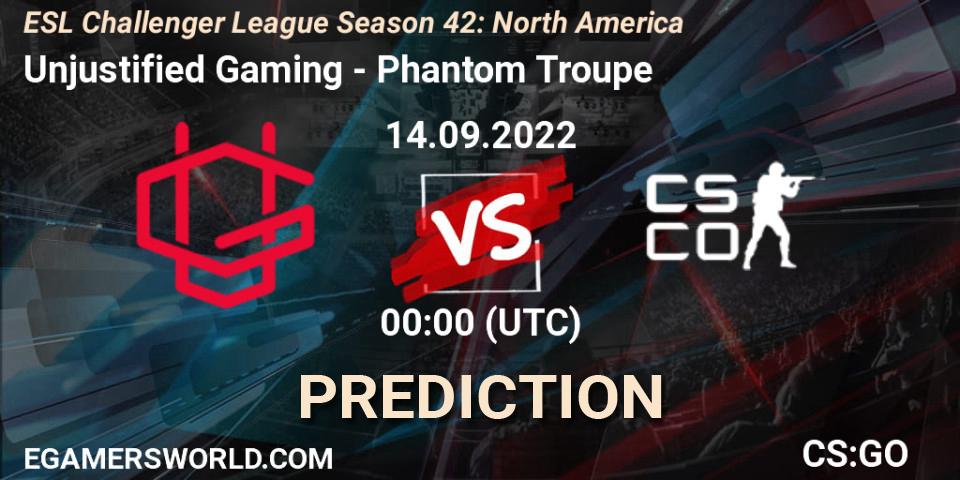 Pronósticos Unjustified Gaming - Phantom Troupe. 14.09.2022 at 00:00. ESL Challenger League Season 42: North America - Counter-Strike (CS2)