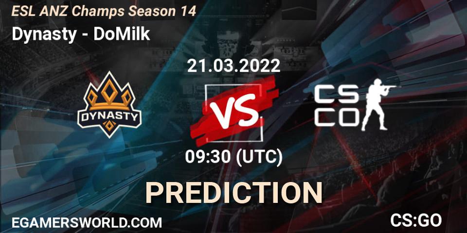 Pronósticos Dynasty - Collateral. 21.03.2022 at 11:15. ESL ANZ Champs Season 14 - Counter-Strike (CS2)