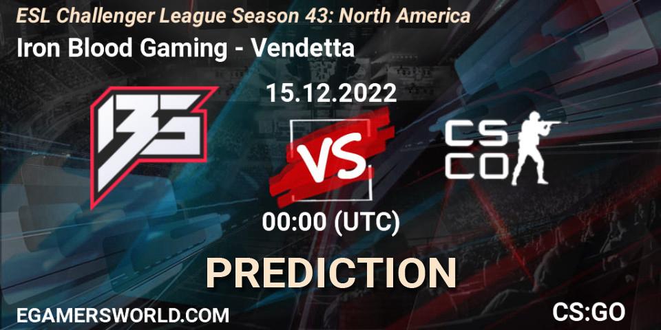 Pronósticos Iron Blood Gaming - Vendetta. 15.12.2022 at 01:00. ESL Challenger League Season 43: North America - Counter-Strike (CS2)