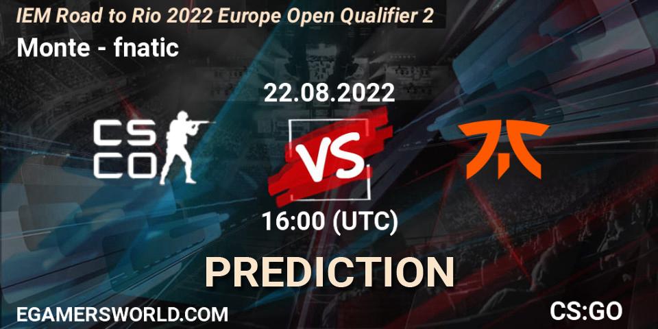 Pronósticos Monte - fnatic. 22.08.2022 at 16:00. IEM Road to Rio 2022 Europe Open Qualifier 2 - Counter-Strike (CS2)