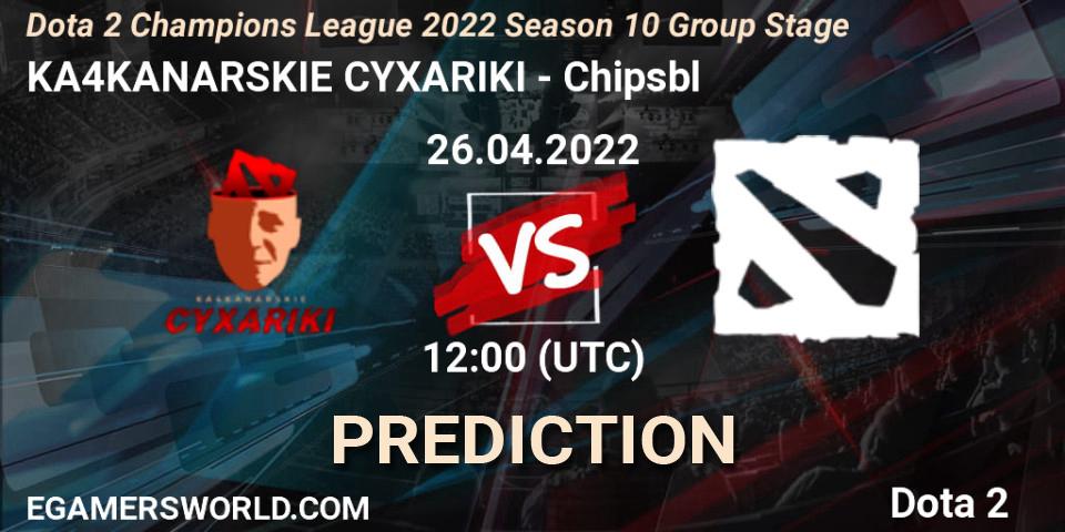 Pronósticos KA4KANARSKIE CYXARIKI - Chipsbl. 26.04.2022 at 11:59. Dota 2 Champions League 2022 Season 10 - Dota 2