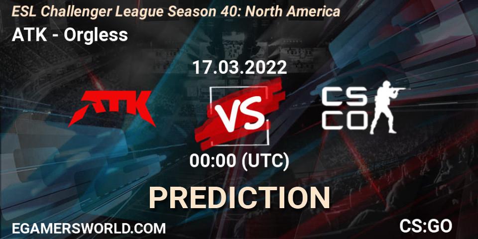 Pronósticos ATK - Orgless. 24.03.2022 at 00:00. ESL Challenger League Season 40: North America - Counter-Strike (CS2)