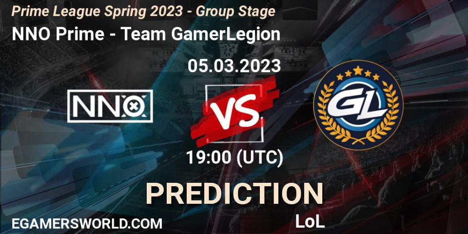 Pronósticos NNO Prime - Team GamerLegion. 05.03.2023 at 18:00. Prime League Spring 2023 - Group Stage - LoL
