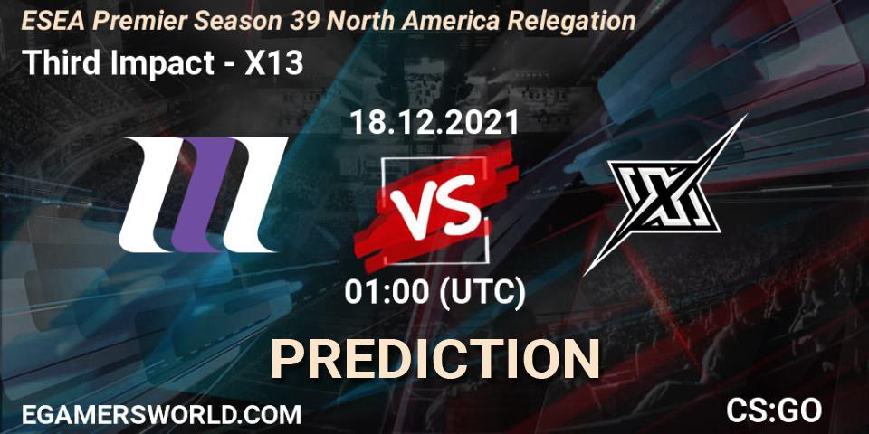 Pronósticos Third Impact - X13. 18.12.2021 at 01:00. ESEA Premier Season 39 North America Relegation - Counter-Strike (CS2)