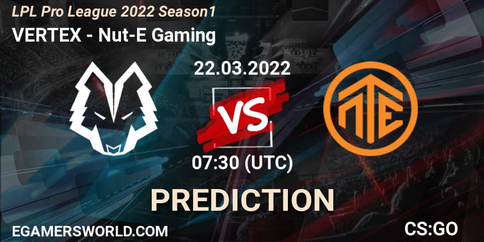 Pronósticos VERTEX - Nut-E Gaming. 23.03.2022 at 07:45. LPL Pro League 2022 Season 1 - Counter-Strike (CS2)
