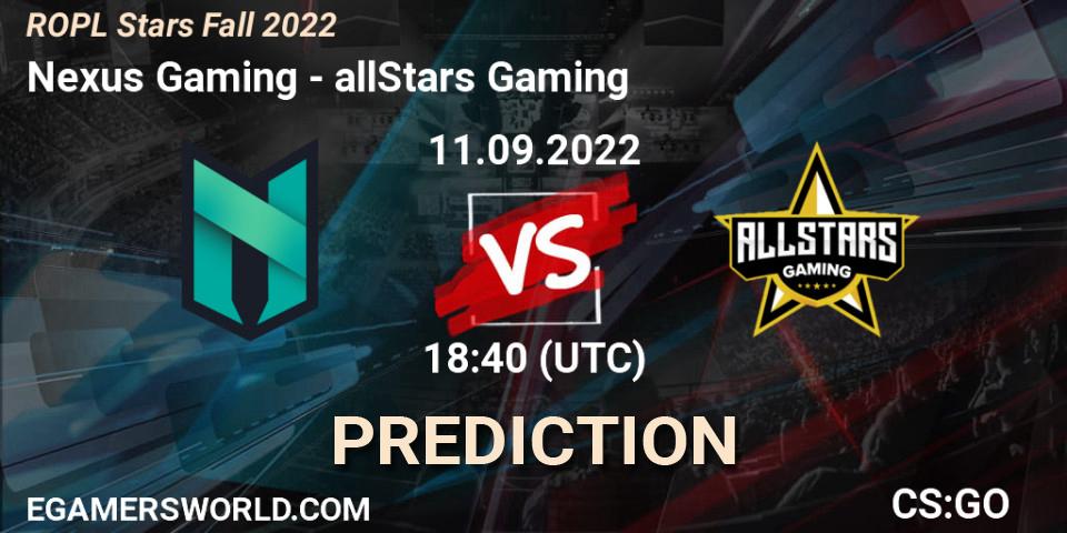Pronósticos Nexus Gaming - allStars Gaming. 11.09.2022 at 18:40. ROPL Stars Fall 2022 - Counter-Strike (CS2)
