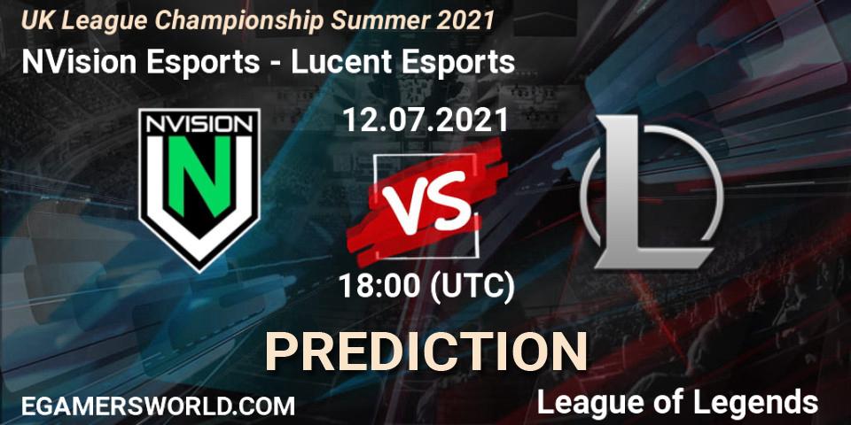Pronósticos NVision Esports - Lucent Esports. 12.07.2021 at 18:00. UK League Championship Summer 2021 - LoL