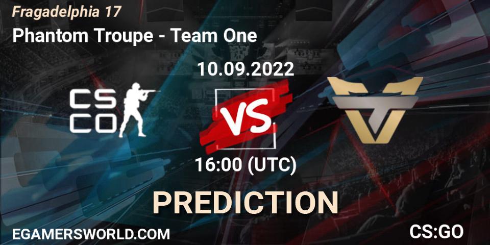Pronósticos Phantom Troupe - Team One. 10.09.2022 at 16:00. Fragadelphia 17 - Counter-Strike (CS2)