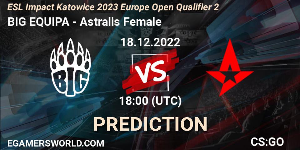 Pronósticos BIG EQUIPA - Astralis Female. 18.12.2022 at 18:00. ESL Impact Katowice 2023 Europe Open Qualifier 2 - Counter-Strike (CS2)