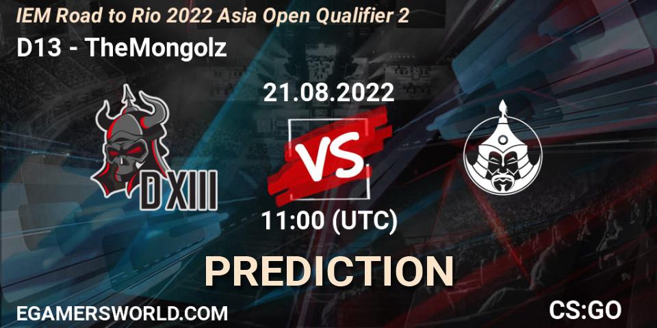 Pronósticos D13 - TheMongolz. 21.08.2022 at 11:00. IEM Road to Rio 2022 Asia Open Qualifier 2 - Counter-Strike (CS2)