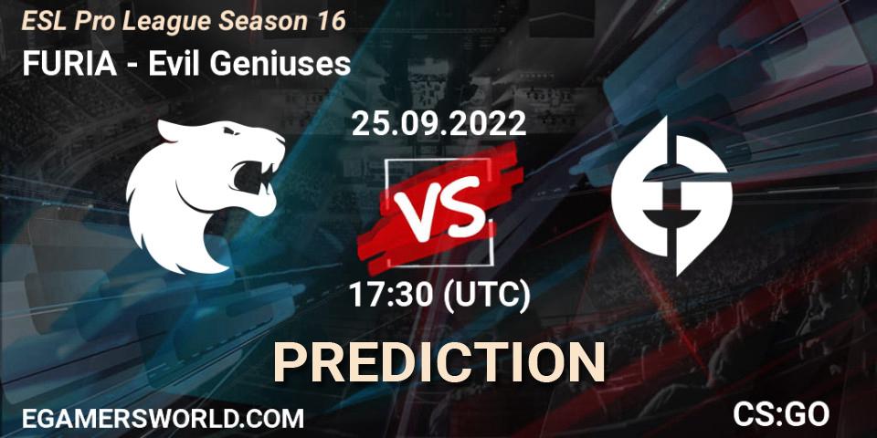 Pronósticos FURIA - Evil Geniuses. 25.09.2022 at 17:30. ESL Pro League Season 16 - Counter-Strike (CS2)