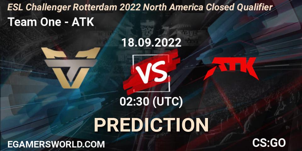 Pronósticos Team One - ATK. 18.09.2022 at 02:30. ESL Challenger Rotterdam 2022 North America Closed Qualifier - Counter-Strike (CS2)