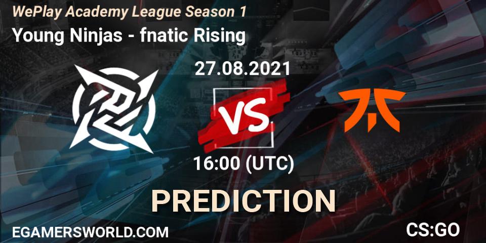 Pronósticos Young Ninjas - fnatic Rising. 27.08.2021 at 16:05. WePlay Academy League Season 1 - Counter-Strike (CS2)