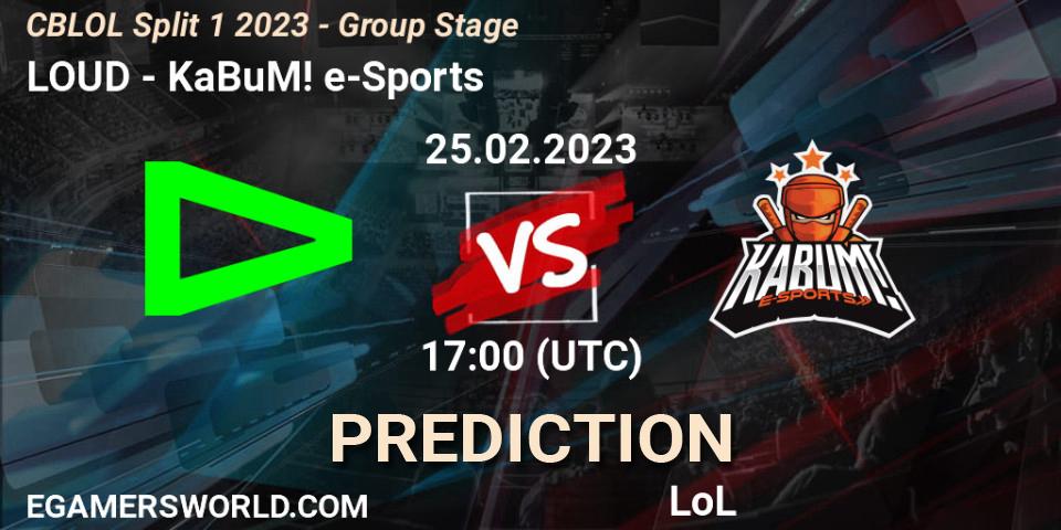 Pronósticos LOUD - KaBuM! e-Sports. 25.02.2023 at 17:15. CBLOL Split 1 2023 - Group Stage - LoL