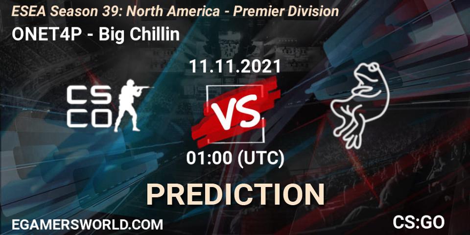 Pronósticos ONET4P - Big Chillin. 11.11.2021 at 01:00. ESEA Season 39: North America - Premier Division - Counter-Strike (CS2)