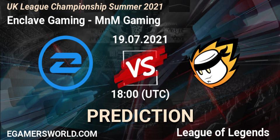 Pronósticos Enclave Gaming - MnM Gaming. 19.07.2021 at 18:00. UK League Championship Summer 2021 - LoL
