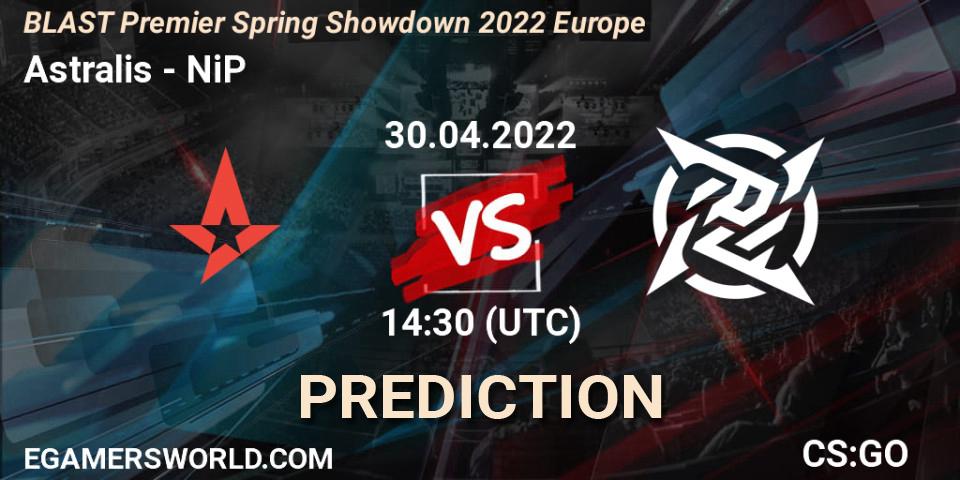 Pronósticos Astralis - NiP. 30.04.2022 at 14:30. BLAST Premier Spring Showdown 2022 Europe - Counter-Strike (CS2)