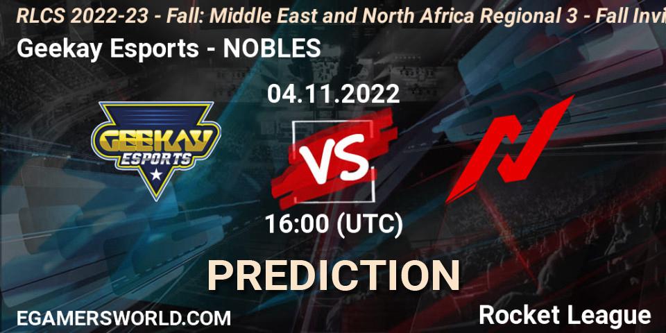 Pronósticos Geekay Esports - NOBLES. 04.11.2022 at 16:00. RLCS 2022-23 - Fall: Middle East and North Africa Regional 3 - Fall Invitational - Rocket League