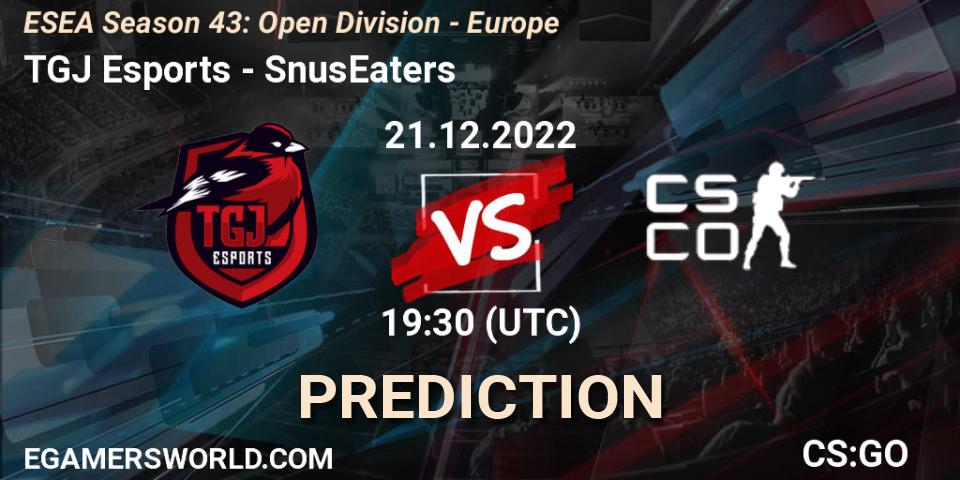 Pronósticos TGJ Esports - SnusEaters. 21.12.2022 at 19:30. ESEA Season 43: Open Division - Europe - Counter-Strike (CS2)
