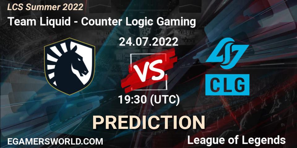 Pronósticos Team Liquid - Counter Logic Gaming. 24.07.22. LCS Summer 2022 - LoL