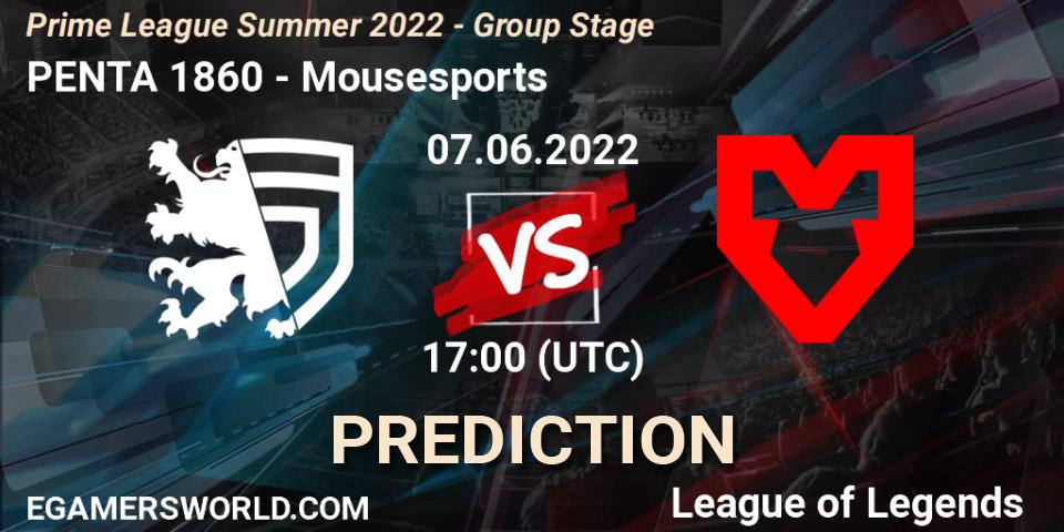 Pronósticos PENTA 1860 - Mousesports. 07.06.2022 at 20:00. Prime League Summer 2022 - Group Stage - LoL